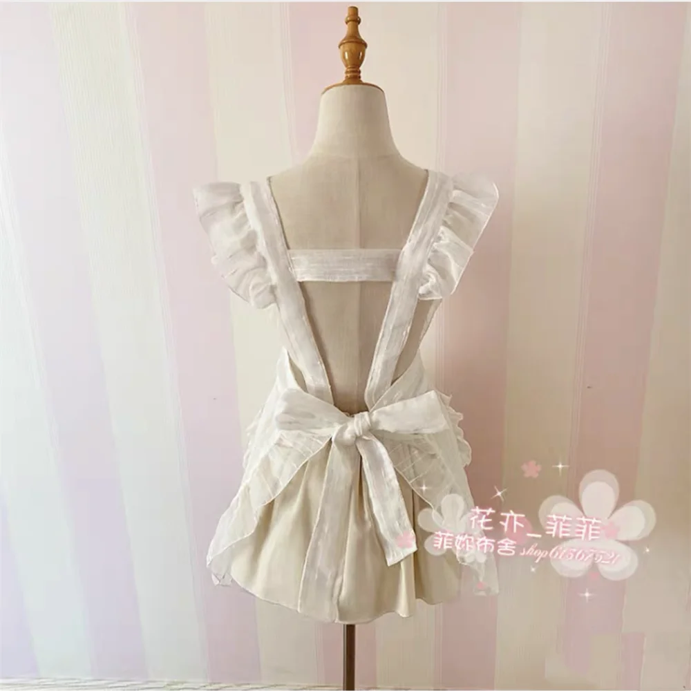 Victorian Pinafore Apron, Maid Lace Smock, Japanese Style, Elegant Costume, Ruffle Pockets, White, 1Pc