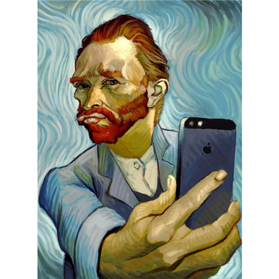 Funny Art Van Gogh Selfie By Phone Diamond Painting Cross Stitch 5D DIY Diamond Mosaic Embroidery Van Gogh Portrait Home Decor