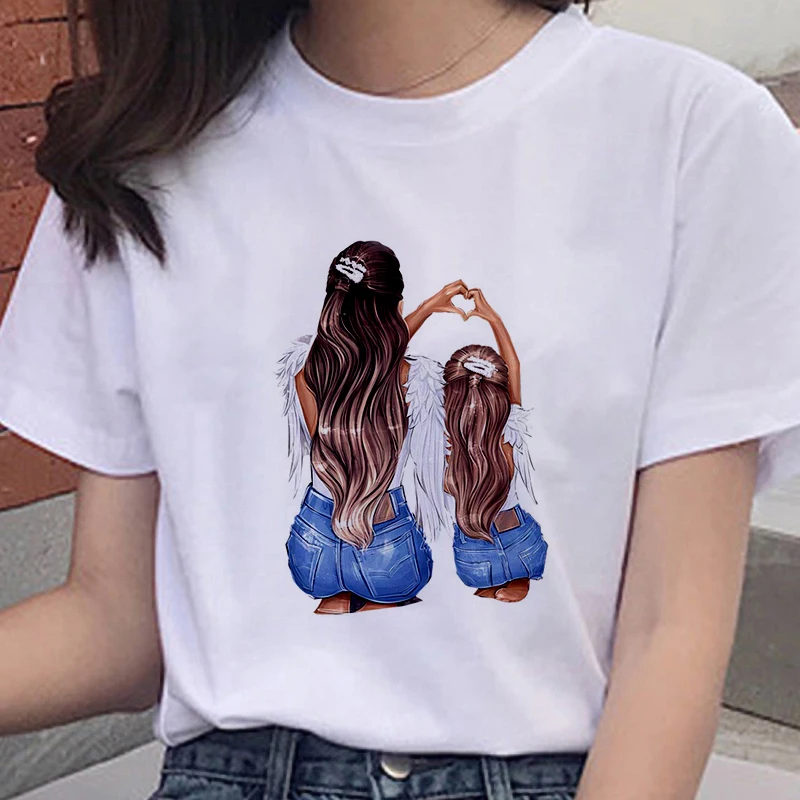 

Women T shirt Cartoon Mom daughter Printed Lady T-shirts Short sleeve Tops Ladies Women's Kawaii Graphic Female Tshirt Clothing