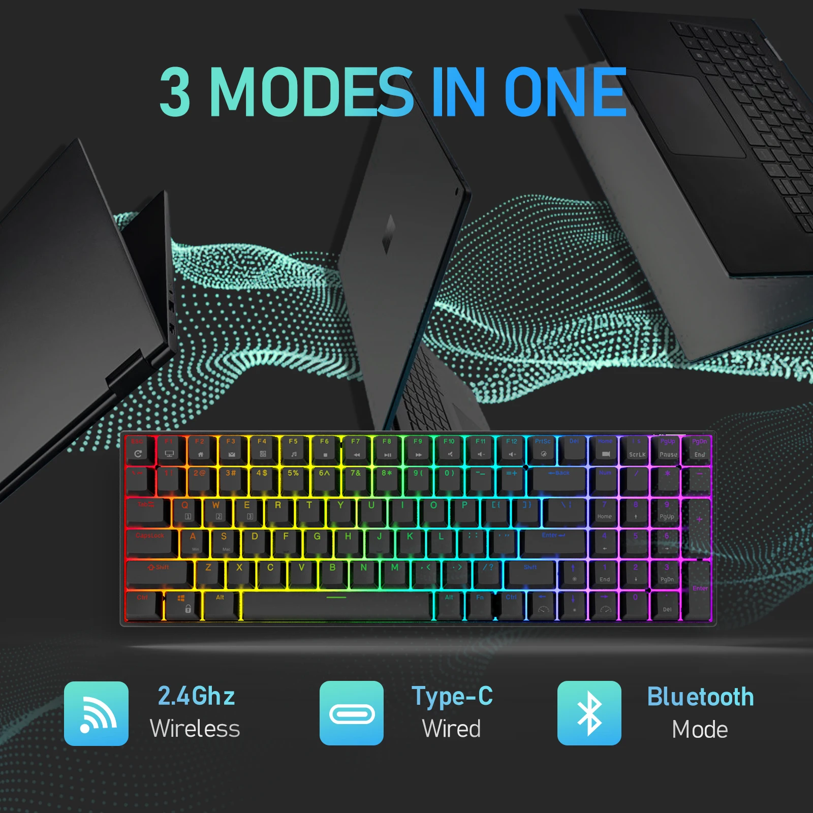 Original RK100/RK860 2.4G Wireless/Bluetooth/Wired RGB Mechanical Keyboard, 100 Keys 3 Modes Connectable Hot Swappable Keyboard