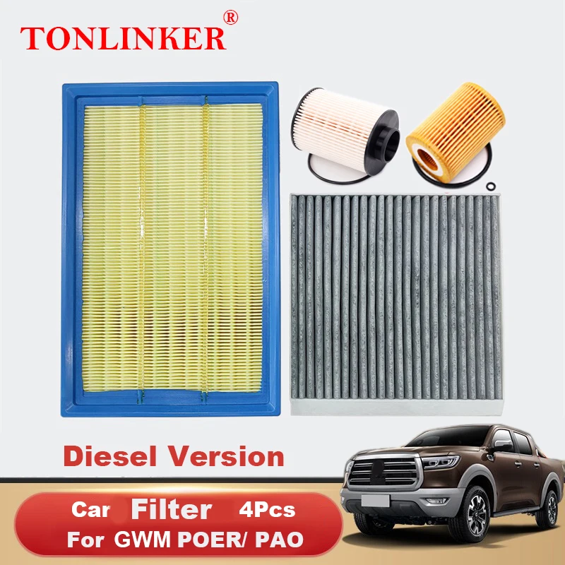 TONLINKER Car Cabin Air Filter Oil Filter Fuel Filter For GWM PORE Ute 2020 2021 2022 Cannon PAO 2.0AT 2.0MT 4Pcs Car Accesories