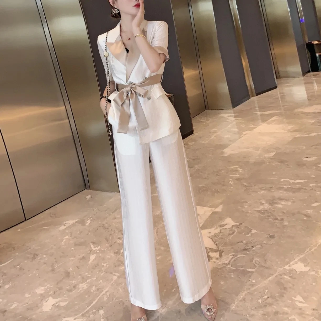 Summer Women\'s Slik Suits Set Fashion Sashes Button Blouse Shirt Tops + Long Legs Pant Ladies Elegant Two Pieces Suit