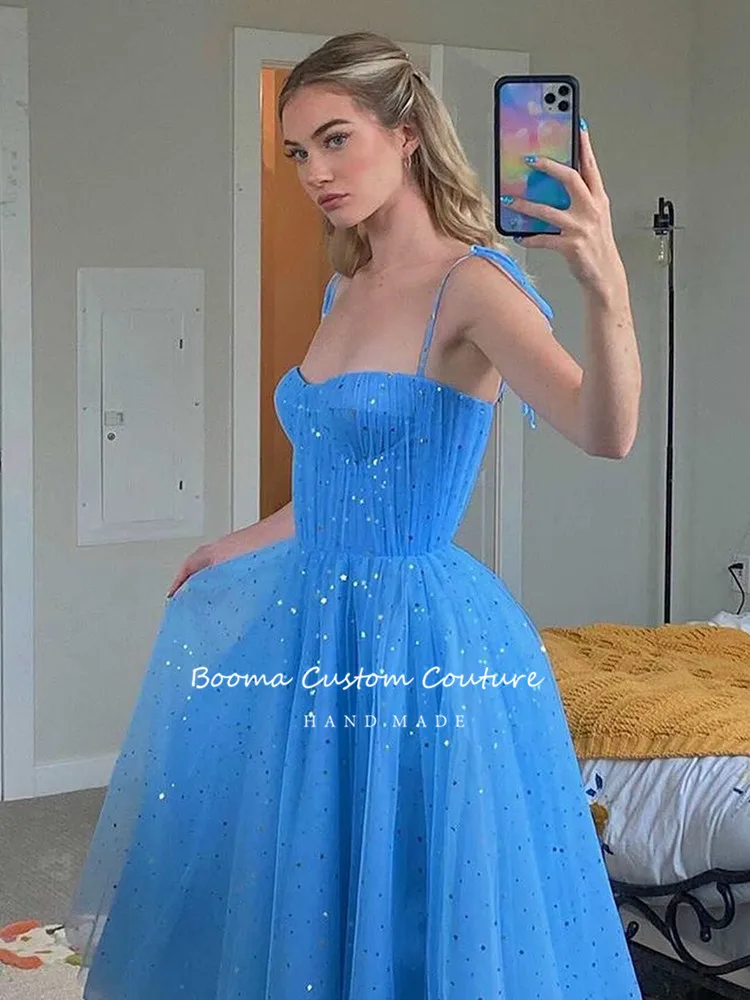 Fairy Blue Princess Prom Dresses Sparkly Starry Tulle Strapless Short Prom Gowns Pleated Tea-Length A-Line Formal Party Gowns