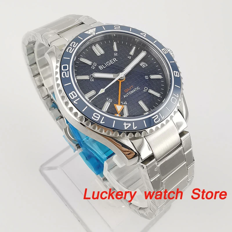 Bliger 41mm luxury Automatic watches blue dial Sapphire crystal GMT Ceramic Bezel Men mechanical watches