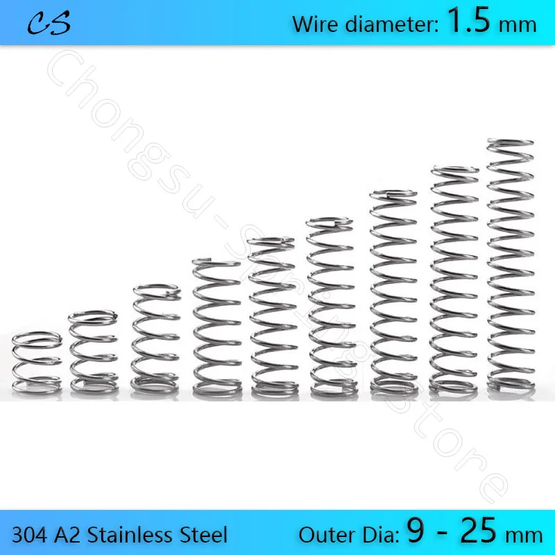 5Pcs 1.5mm Compression Spring 304 A2 Stainless Springs Wire Dia 1.5mm Outer Dia 9 10 11 12 13 14 15 16 - 25mm Length 10 - 50mm