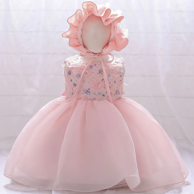 sequined floral hat Christening Princess Toddler Birthday Party Ball Gown Newborn Children Baptism Baby Girl Summer Dress 1 Year