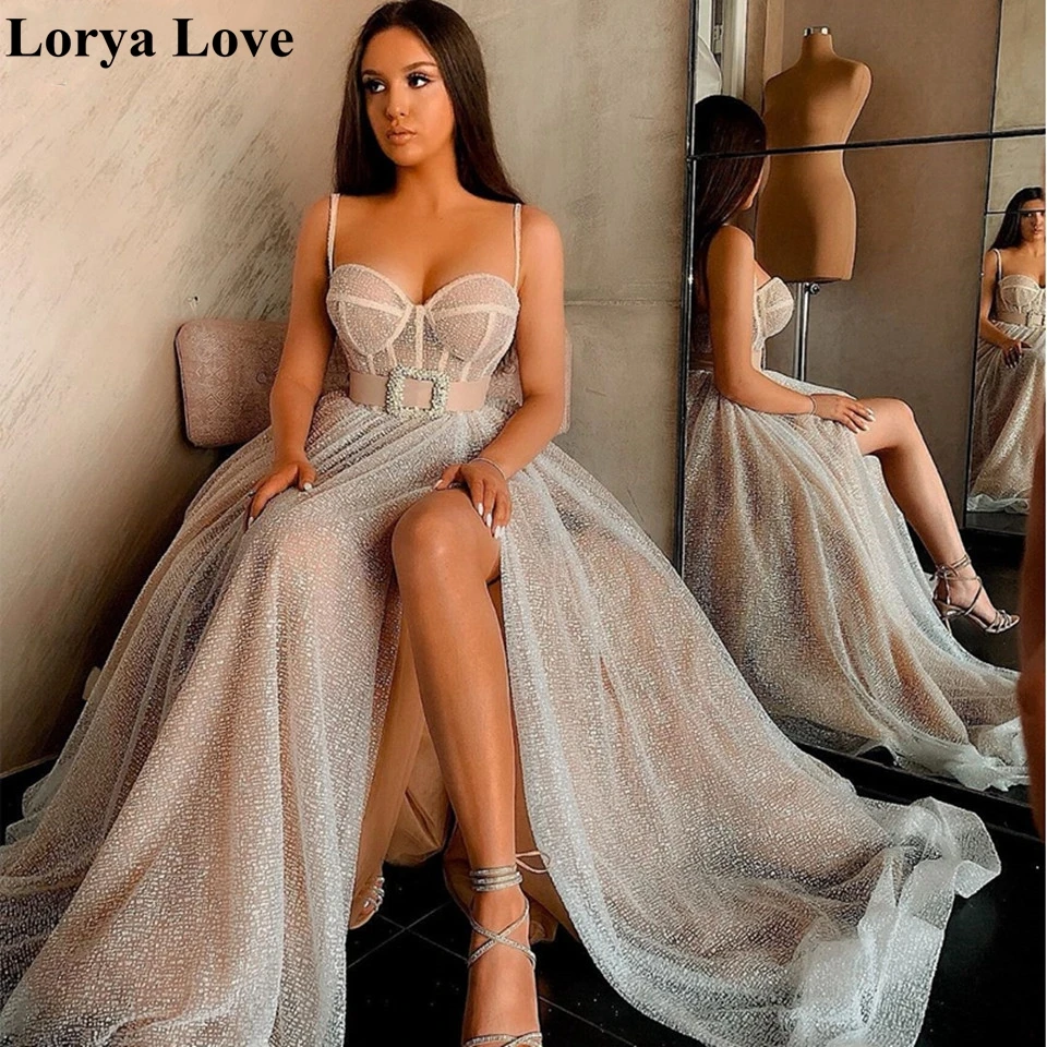 Champagne Split Maxi Prom Dresses 2022 Women Elegant Party Night Sleeveless Vestidos Gala Sexy Robes Tulle Sexy Evening Dress