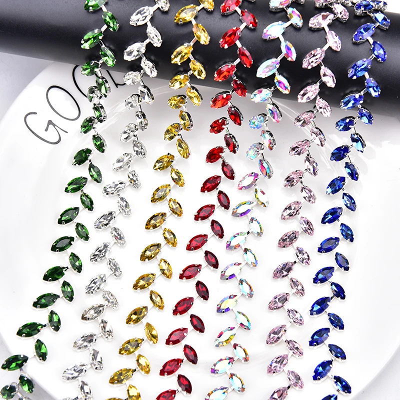 Fashion Glass Rhinestone Chain Trim Sew on Clothes Shoes Decoration Crystal Leaf Shape Applique Ribbon DIY Wedding Accessories