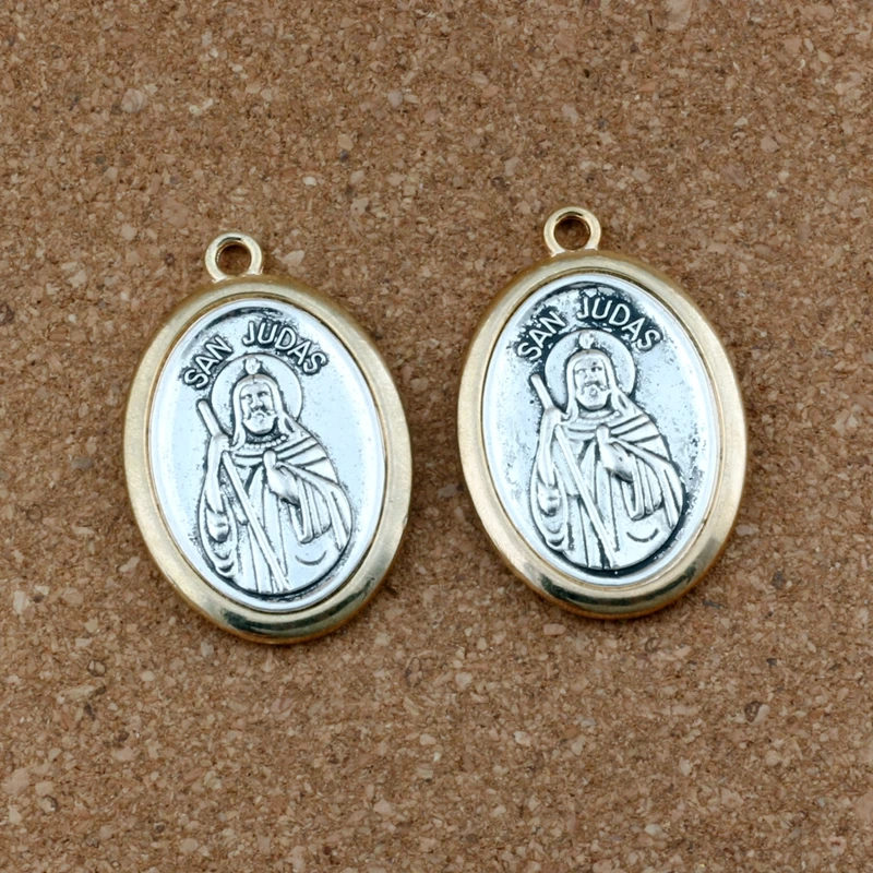 2Pcs Two-Tone San Judas Tadeo Charm Pendants For Jewelry Making Necklace DIY Accessories 30x44.8mm A-561