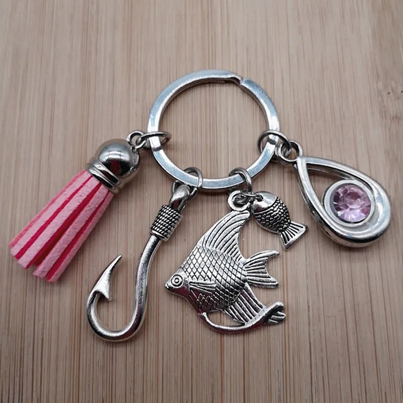 New fish hook couple fishing key chain water drop birth stone tassel key ring fish hook jewelry father\'s day gift friend gift