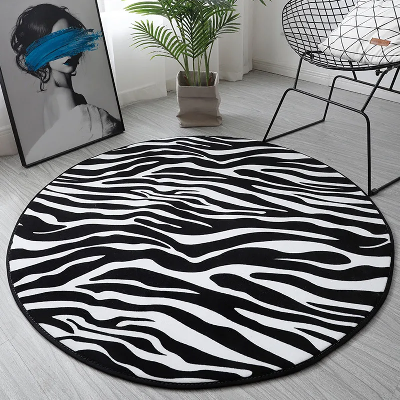 Zebra Print Round Carpet Black White Living Room Area Rug Chair Mat Flannel Anti-slip Kids Bedroom Rug Bathroom Bath Mat