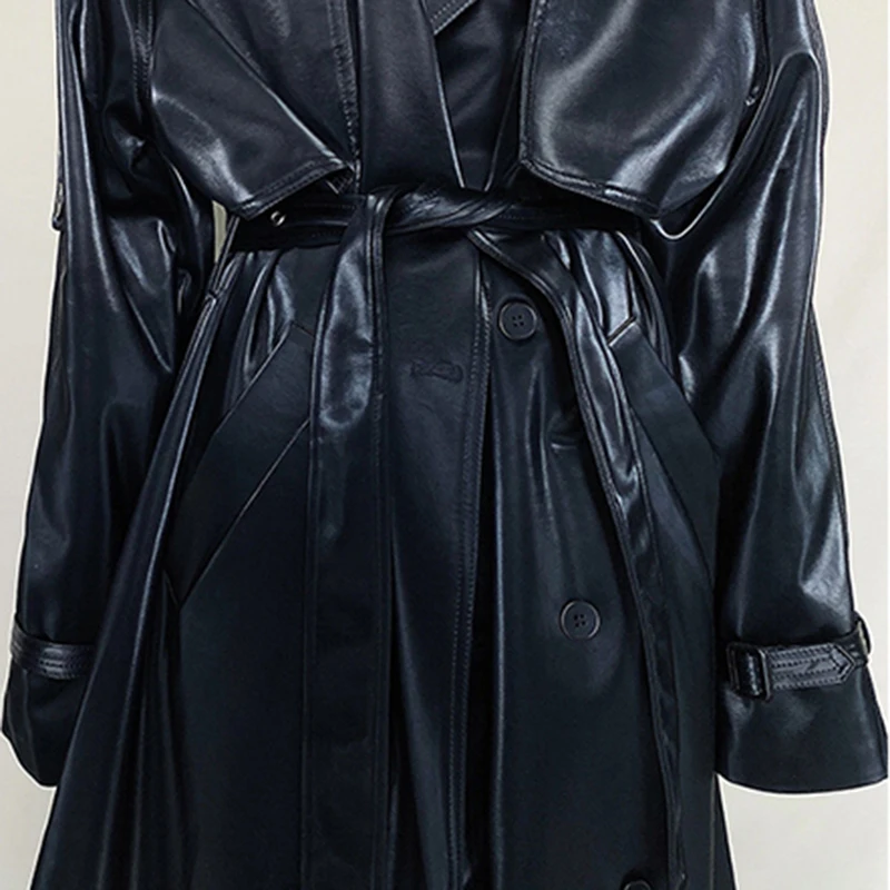 Lautaro Autumn Long Oversized Reflective Shiny Waterproof Patent Leather Trench Coat for Women Belt Loose Korean Fashion 2021