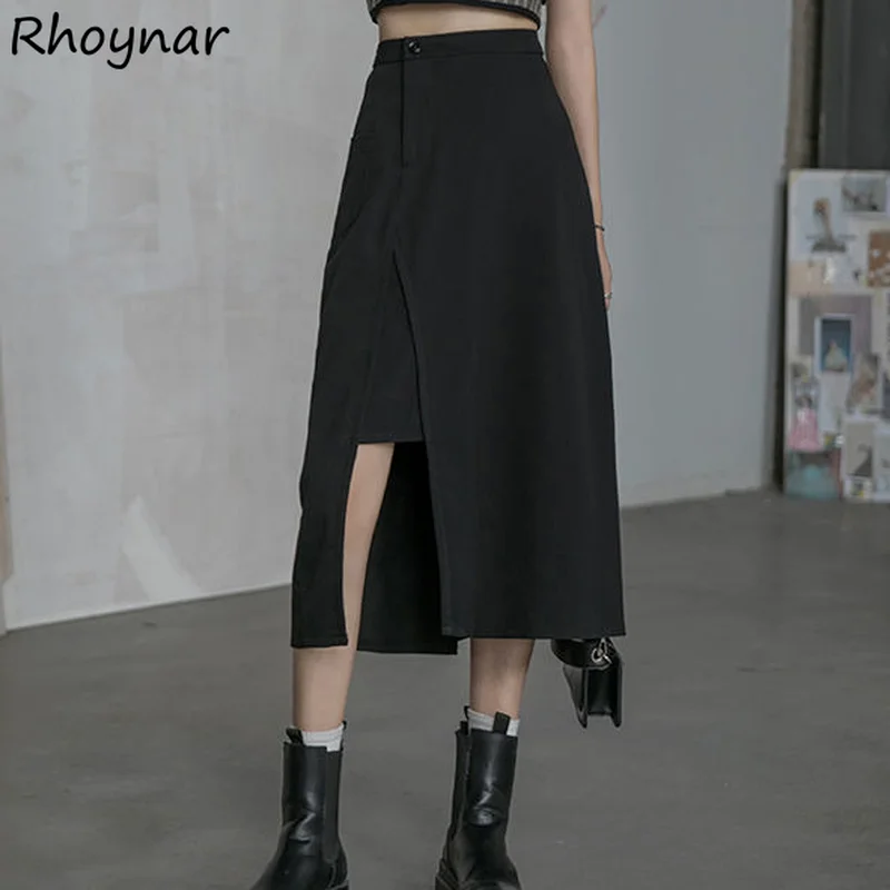 

A-line Skirts Women Summer Side Slit Solid Black Simple All-match Fashion Korean Style Streetwear Comfortable Mujer Mid-calf New