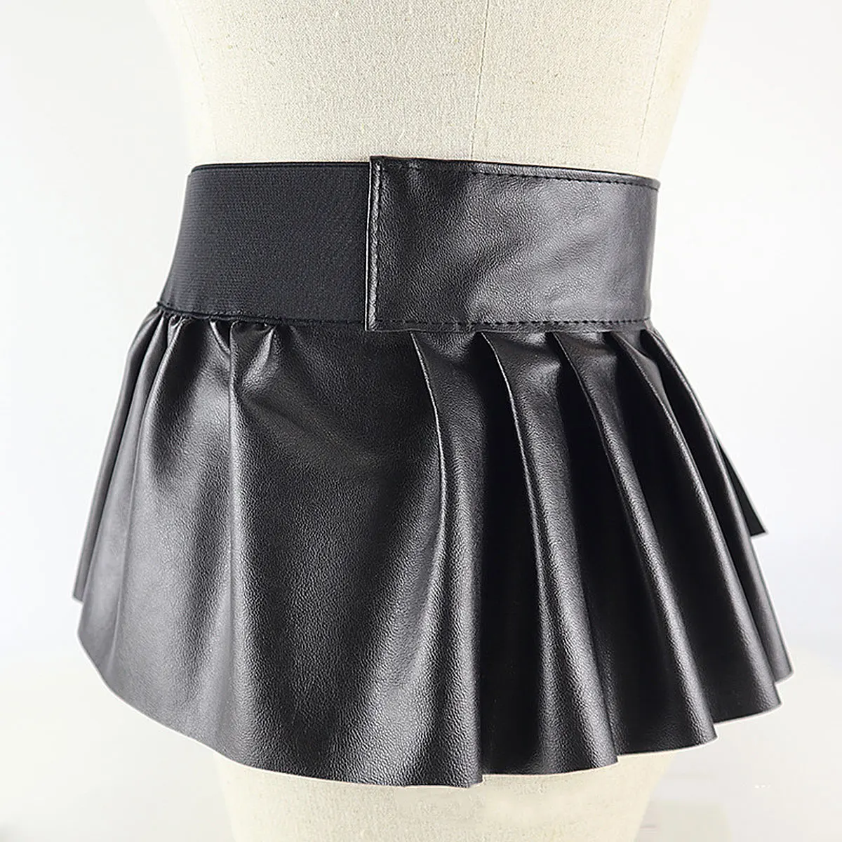 Jupe plissée en cuir PU pour femme, large, élastique, ceinture large, classique, commissionnée, jarretelles Peplum Cinch