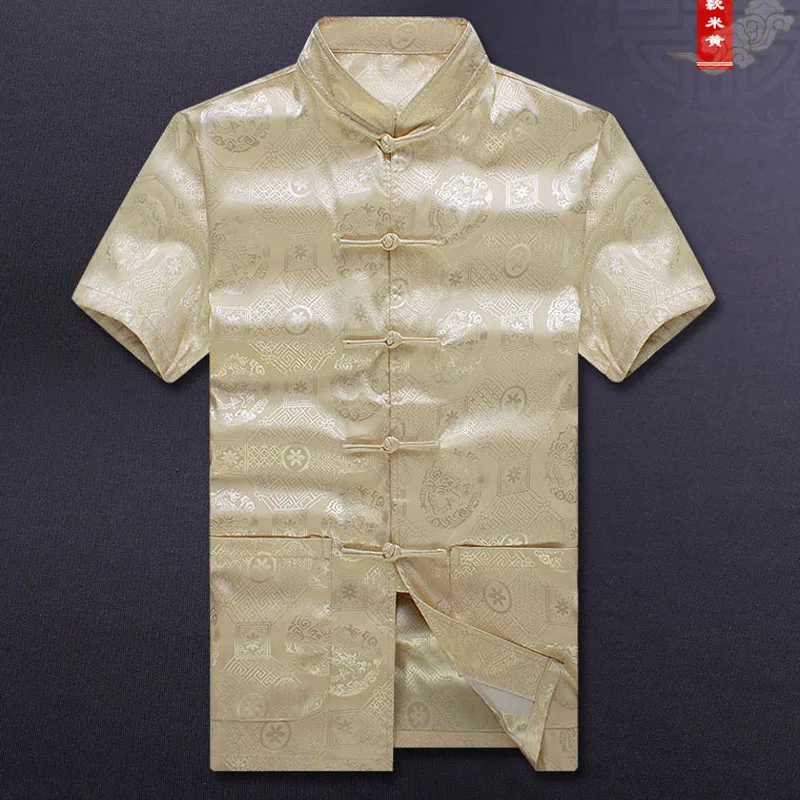 Traje Tang de manga corta para hombre, camisa de rayón superior, blusa con estampado de dragón, ropa tradicional china para hombres mayores de verano