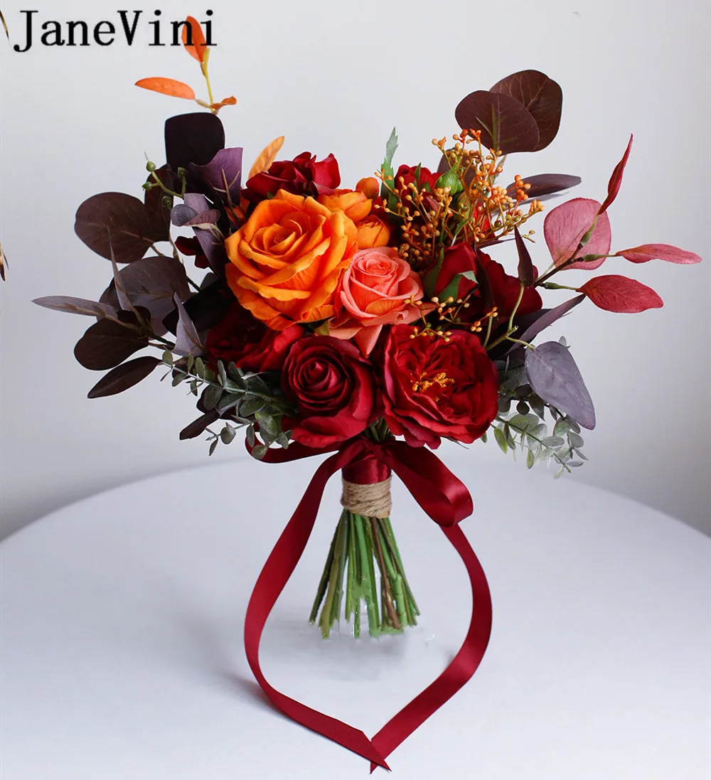 JaneVini Französisch Stil Herbst Hochzeit Brosche Bouquet Rot Orange Rose Silk Blumen Künstliche Braut Braut Bouquet ramo peonias