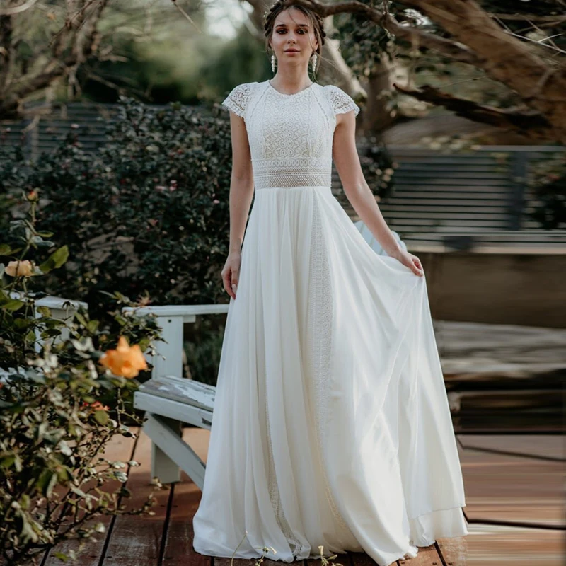 Abito da sposa Vintage bohémien maniche con berretto in pizzo Boho abiti lunghi da sposa abito da sposa in Chiffon da spiaggia Robe De Marie bianco semplice