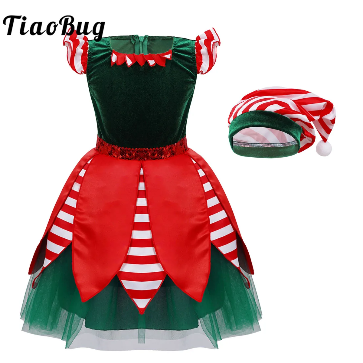 

Toddler Kids Girls Sequin Elf Costume Christmas Santas Fancy Tutu Dress With Hat Set Carnival Xmas Cosplay Party Princess Outfit