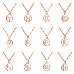 Simple 12 Zodiac Signs Necklaces for Women Rose Gold Color Leo Capricorn Aquarius Virgo Gemini Aries Round Necklace Pendant Men