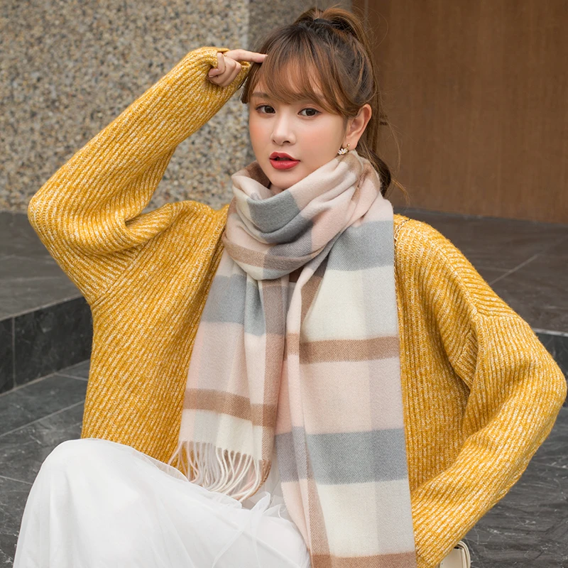 Winter 100% Wool Scarf Women Pink Plaid Shawls and Wraps Echarpe Warm Woolen Pashmina for Ladies Cashmere Scarves Foulard Femme