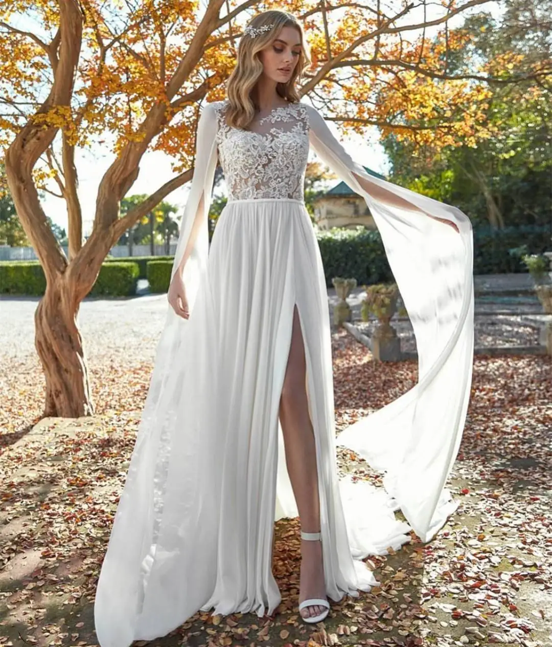 New Wedding Dress 2024 Chiffon Lace Long Flare Sleeves Cape Beach Split Boho Vintage Bridal Gowns Robe De Mairee