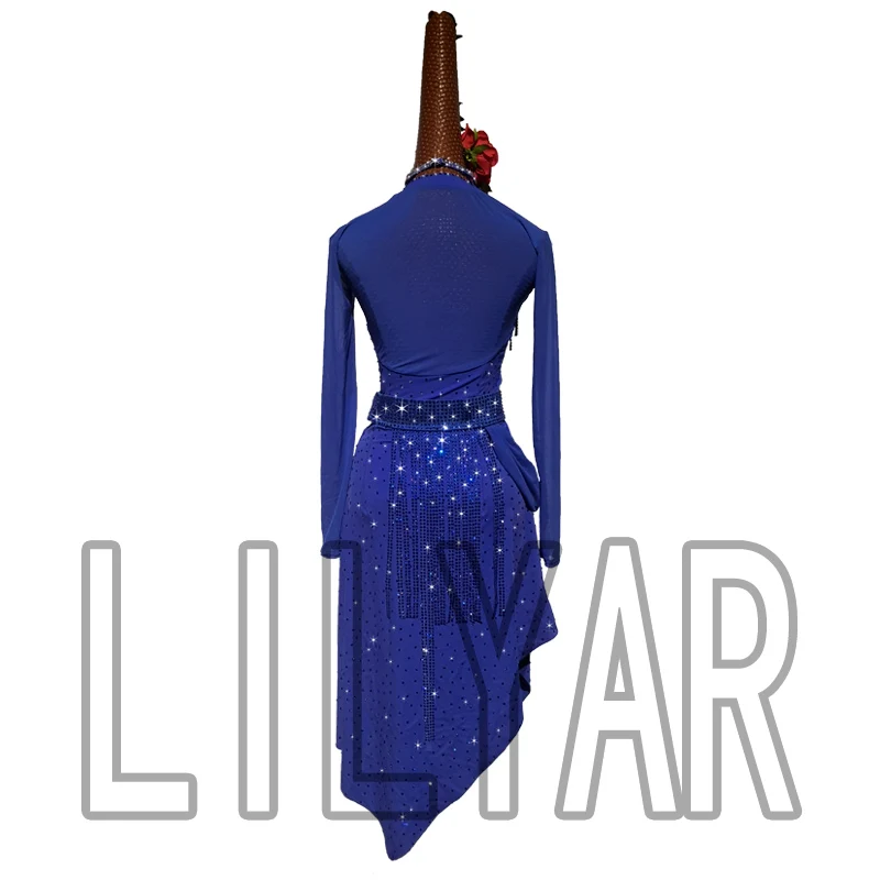 Latin Dance Skirt Competition Performance Dress Adult Blue Treasure Long Sleeve Sexy Sparkling Diamond Tassel Dance Dress