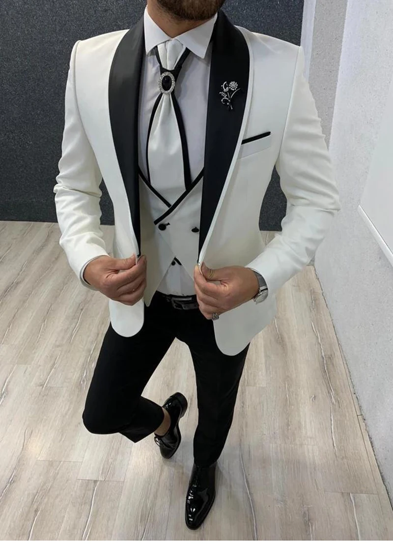 

White and Black Wedding Suits Fit Prom Party Suits Groom Tuxedos Shawl Lapel 3 Pieces Formal Men Suits Custom Made Jacket+Pants