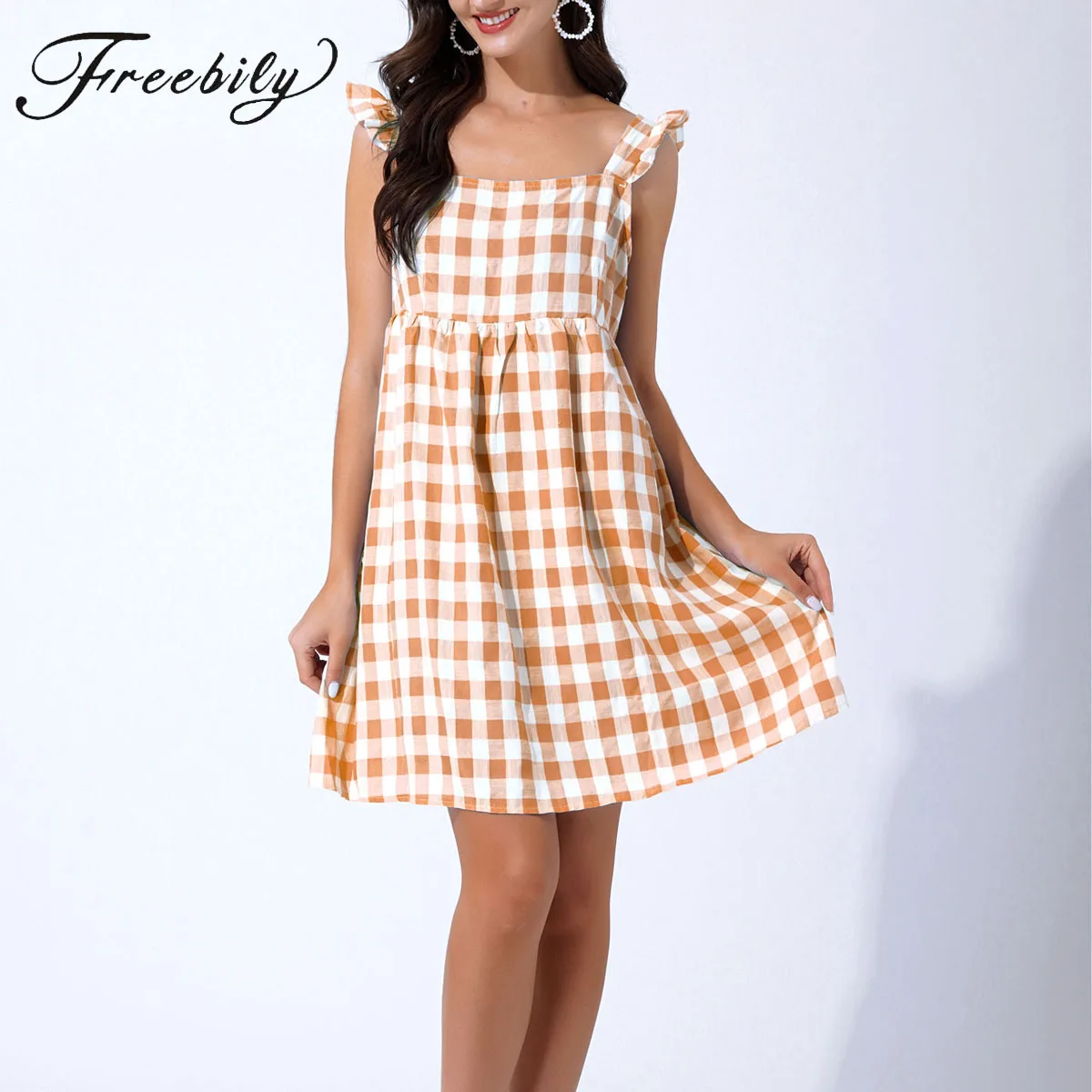 

Women’s Casual Plaid Sun Dress Cute Sleeveless Ruffle House Dress Nightgowns Sleep Wear