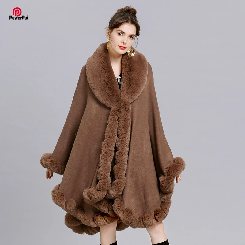 Abrigo elegante de piel de conejo Rex sintética con solapa en V, capa de invierno para mujer, Mantón largo grande, capa de punto de piel con ribete completo, Parka, novedad de 2023