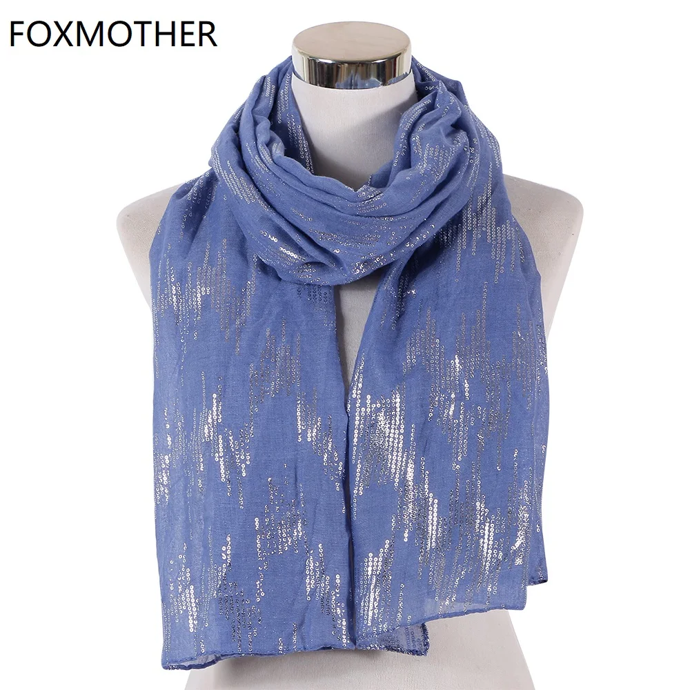 

FOXMOTHER New Fashion White Pink Blue Sequins Wave Print Foil Scarf Hijab Shawl Metallic Glitter Scarves Women Ladies