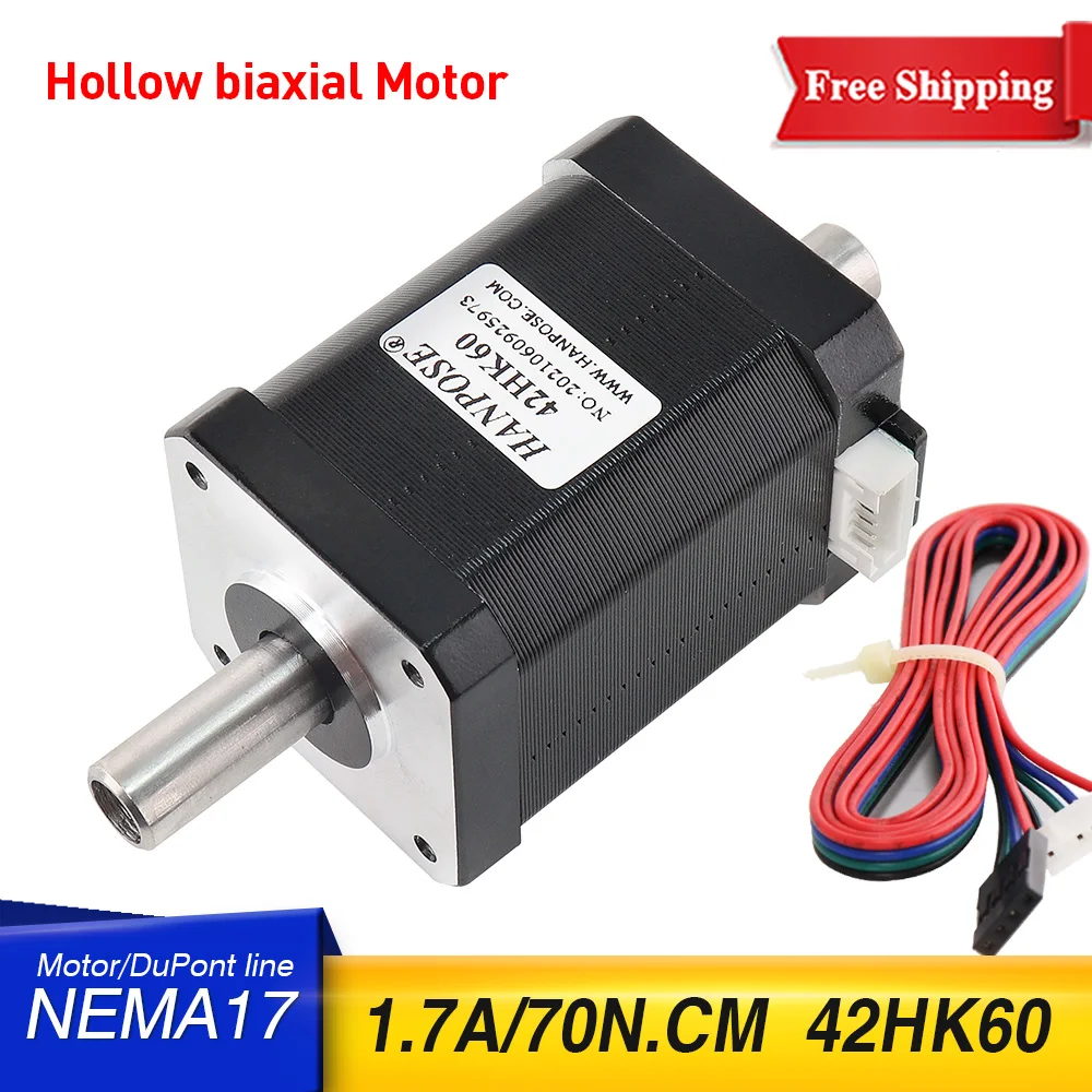 Nema17 Stepper Motor 42 Hollow Biaxial Motor 1.7A 70N.CM 42HK60 Double Shaft Motor 4-Lead For 3D Printer Monitor Equipmen