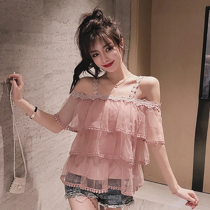 2024 Simple One-Word Neck Halter Boho Mesh Shirt Lady Ruffles Short Sleeves Elegant Trim Blouse Summer Lacing Lady Sexy