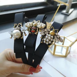 Korea Women Fabric Bee Hairband Vintage Alloy Rhinestone Pearl Hair Accessories Bow Luxury Lady Headband Headdress
