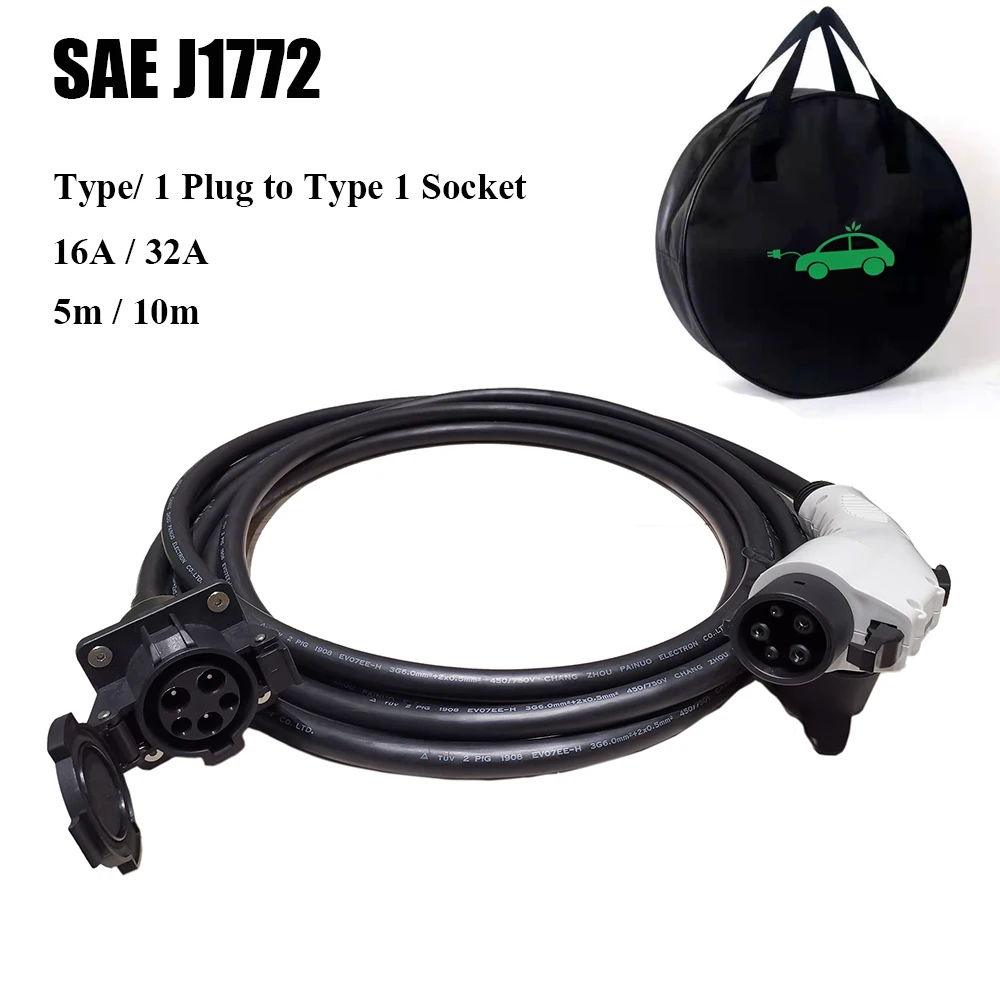 New 5M 10M J1772 32A Type 1 Female Plug To Male Socket EV Extension Cable Connector Extend Charging Station Charger Length