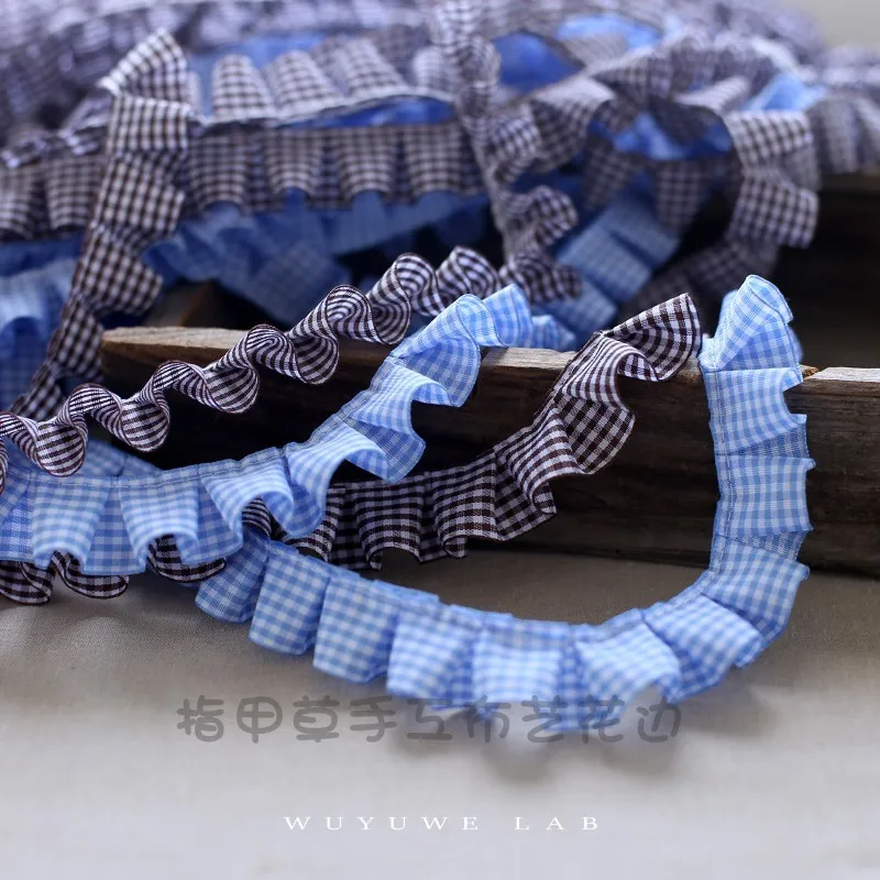 1M Blue Coffee White Plaids Satin Ribbon Pleated Lace Collar Trims Embroidery Laces Sewing Accessories Clothing Hats Decor 2.5CM