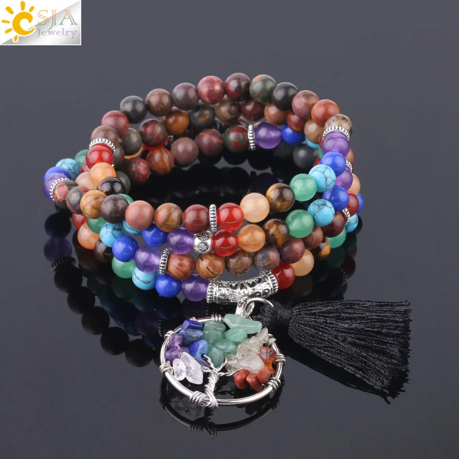 7 Chakra 6mm Stone Crystal Bracelet Multilayer Natural Stone 108 Mala Rosary Prayer Beads Life of Tree Tassel Pendant F683