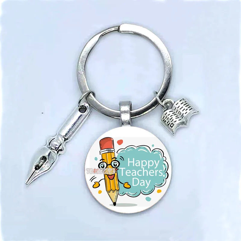 Fashion New Dear Teacher Round Glass Keychain Handmade DIY Book Pen Decoration Pendant Keychain Teacher'S Day Gift Souvenir