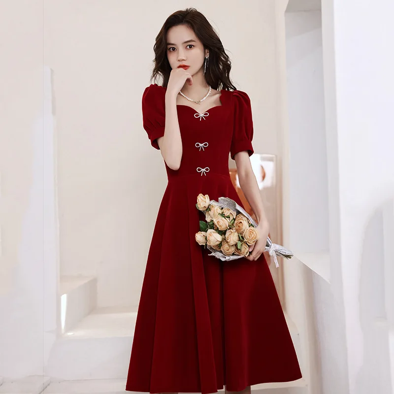 

Sexy Puff Sleeve Square Collar Velour Evening Dress Back Zipper Formal Gowns Cheongsam Robe De Soiree Vestidos Size XS-3XL