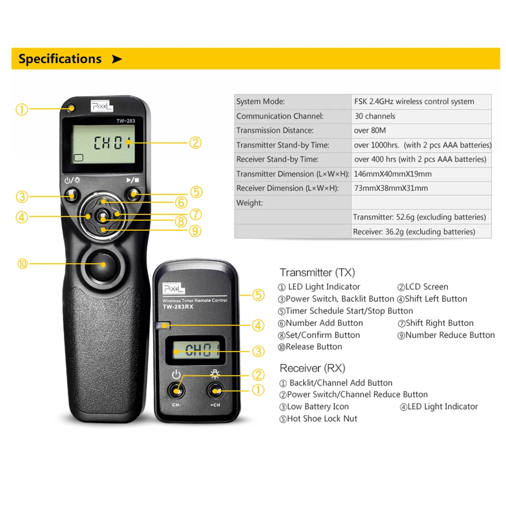 Pixel TW-283 TW 283 Wireless Timer Remote Control Shutter Release (DC0 DC2 N3 E3 S1 S2) Cable For Canon Nikon Sony Camera TW283