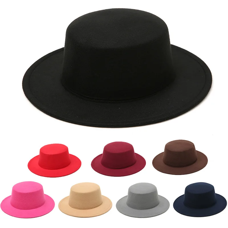 Flat Top Fedora Hats for Women Solid Color Imitation Wool Jazz Cap Wide Brim Ladies Elegant Round Caps Bowler Hats