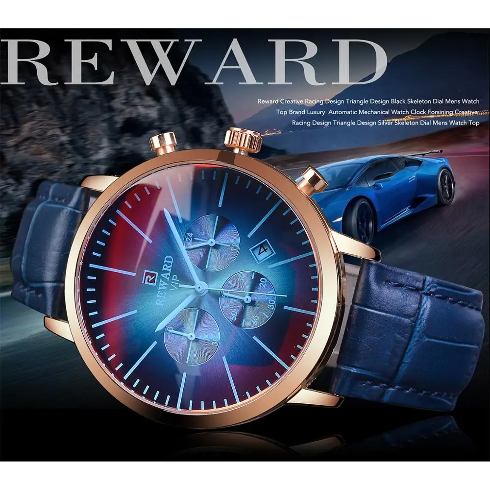 REWARD Rose Golden Case 3 Fashion Dial Blue Genuine Leather Quartz Men Military Sport Wrist Watches Top Brand Luxury Male Clock