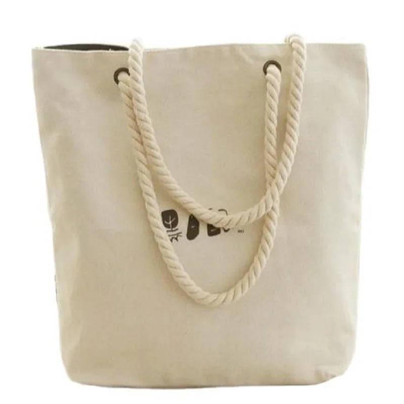 ROCOHANTI Brand 50PCS Custom White Rope Handle Canvas Beach Bag Cotton Canvas Zippered Tote Gift Bags Heavy Duty F2105