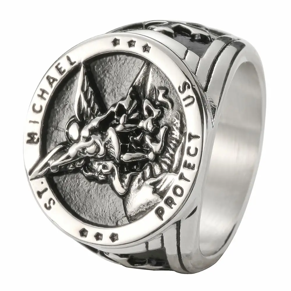 Size 7-14 Cross SAINT MICHAEL PROTECT US Ring 316L Stainless Steel Boys Mens New Cross Ring