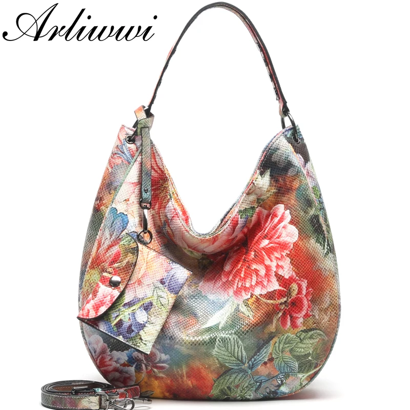 Arliwwi Brand Designer High Quality Women Fashion Synthetic Leather Hobos Handbags Female Flower Embossed Large Bags New PY02-1