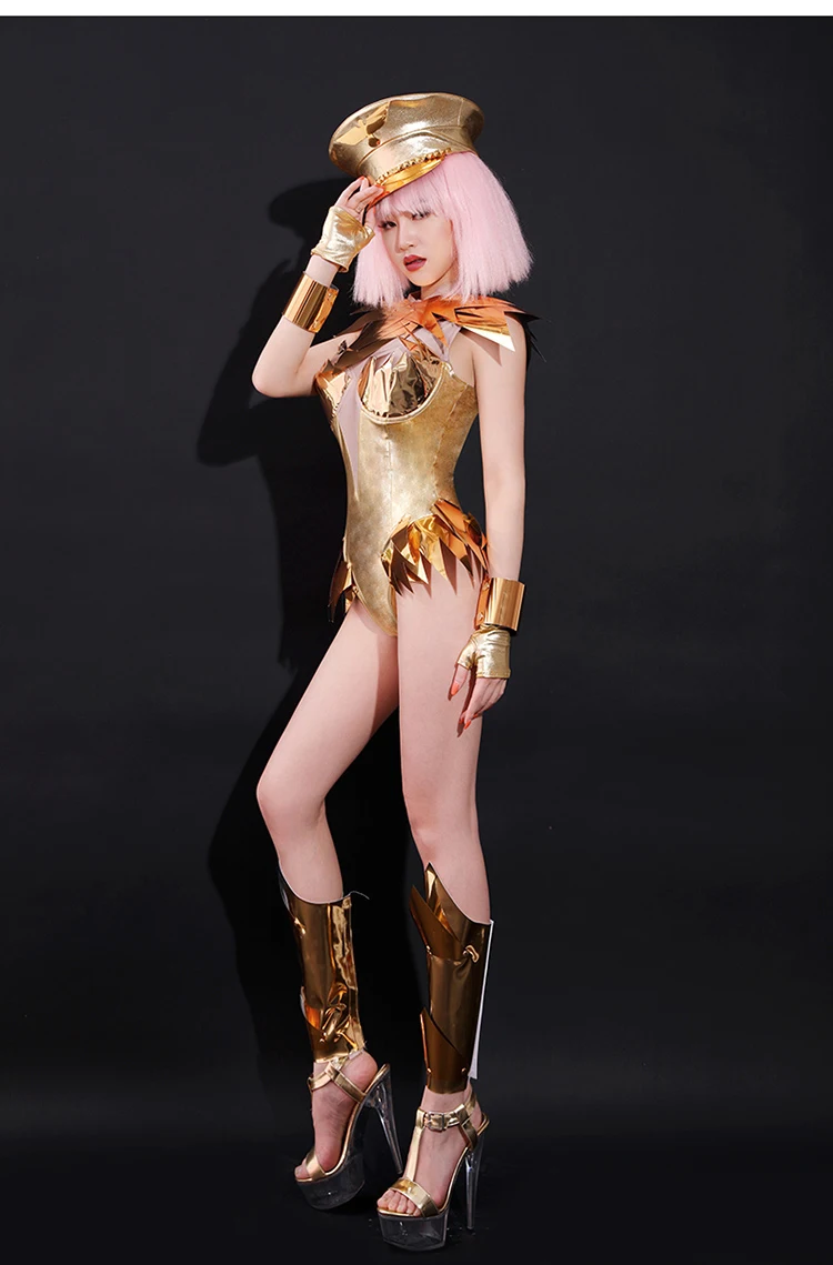 Gold Mirror Bodysuit Hat Outfit Women Show Fashion Stage Wear Bar Nightclub DJ Singer Lead Dancer Team Sexy Performance Costume