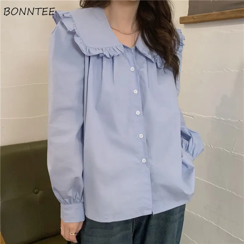 Shirts Women Ruffles Korean Preppy Style Sweet Chic Spring Solid Casual Cozy Simple All-match Mujer Ropa Retro Female Clothing