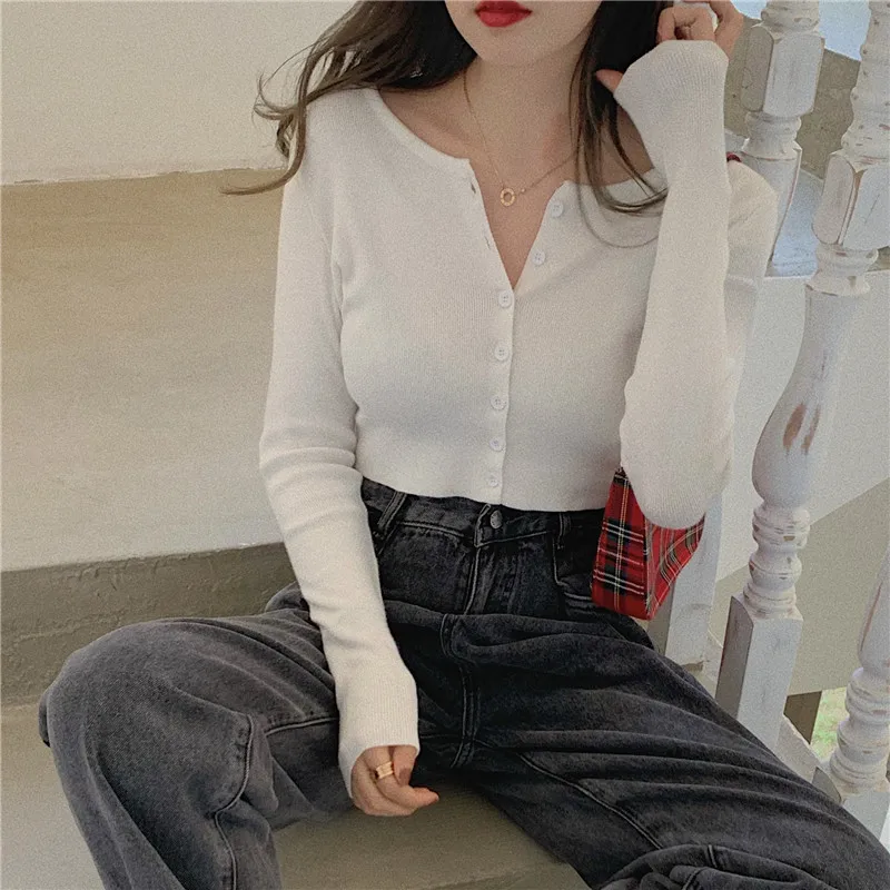 Long Sleeve Cropped Cardigan Women Vintage Button Up Knitted Cardigan Top Korean Cute Black White Gray Blue Red Short Cardigan