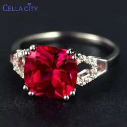 Cellacity classic silver  ring with square ruby/emerald gemstone charm women silver Jewlery Engagement Lady Gift size 6-10