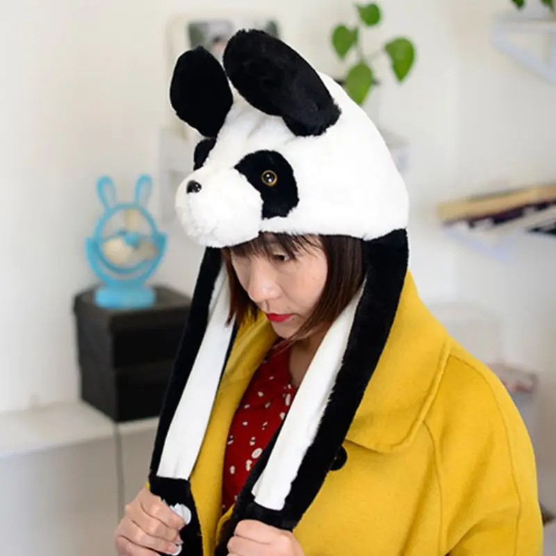 Children Adult Short Plush Cute 3D Cartoon Panda Animal Hat with Moving Ears Double Airbag Paws Warm Earflap Cap Toy Party Props