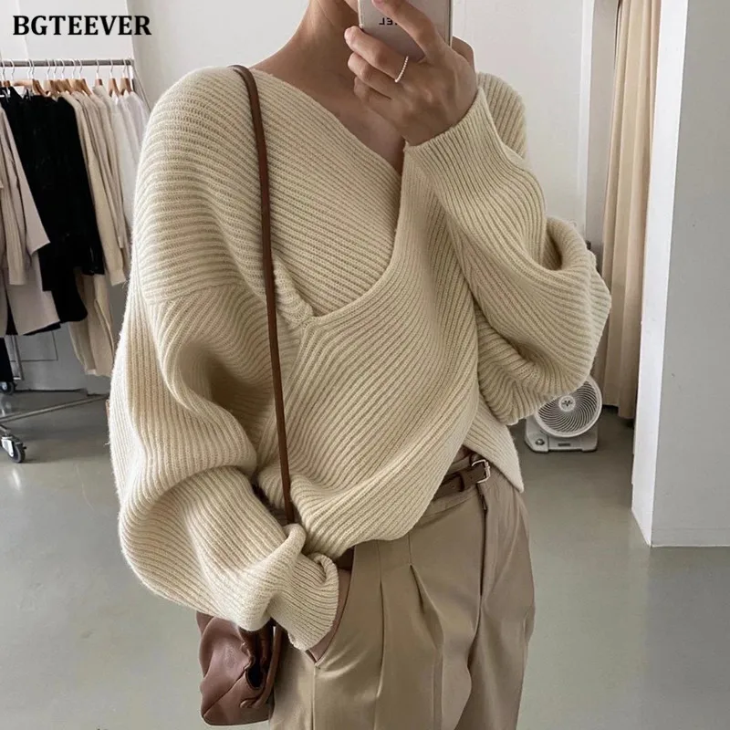 BGTEEVER Fashion V-neck Cross Women\'s Sweater Jumpers Streetwear Loose Knitwear Autumn Winter Solid Female Knitted Pullovers